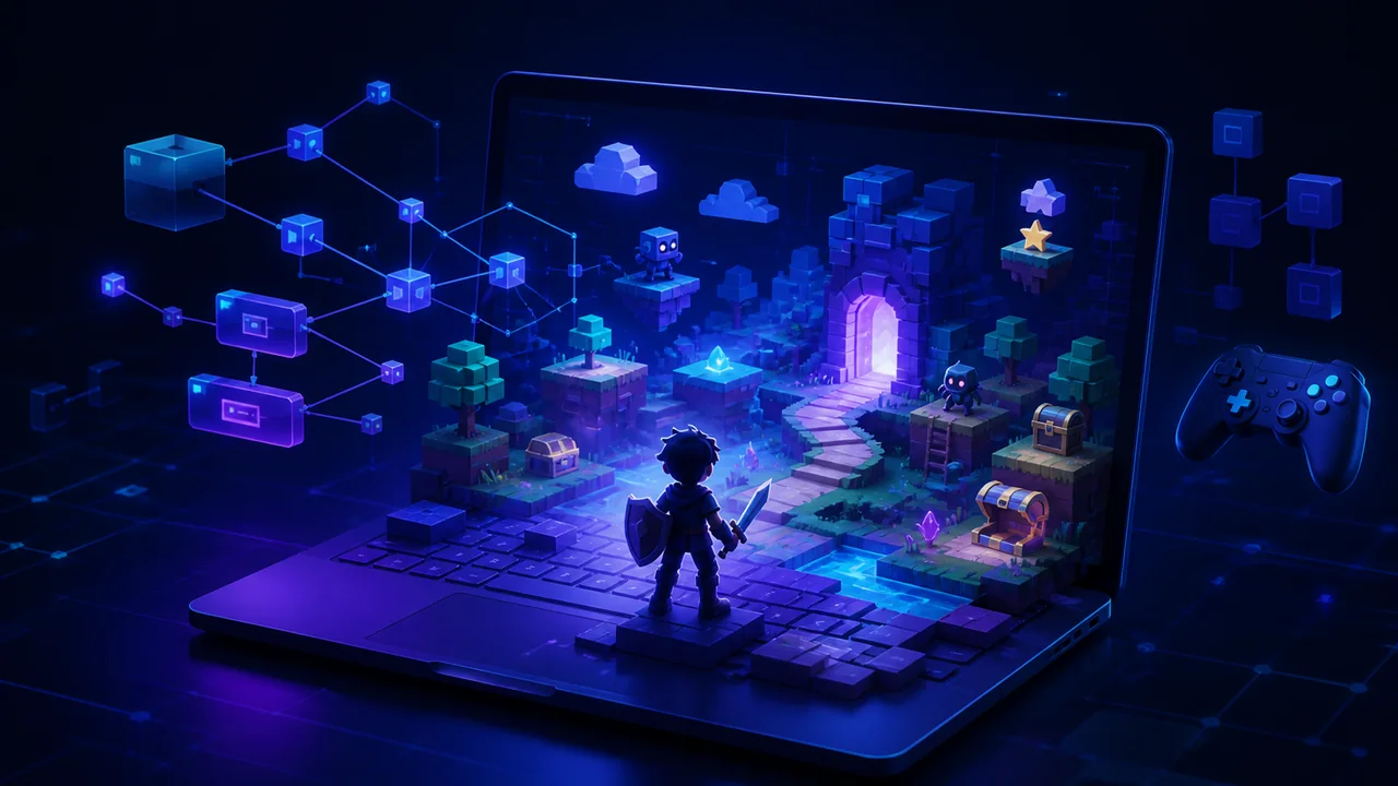 从笔记本电脑中展开的互动游戏世界